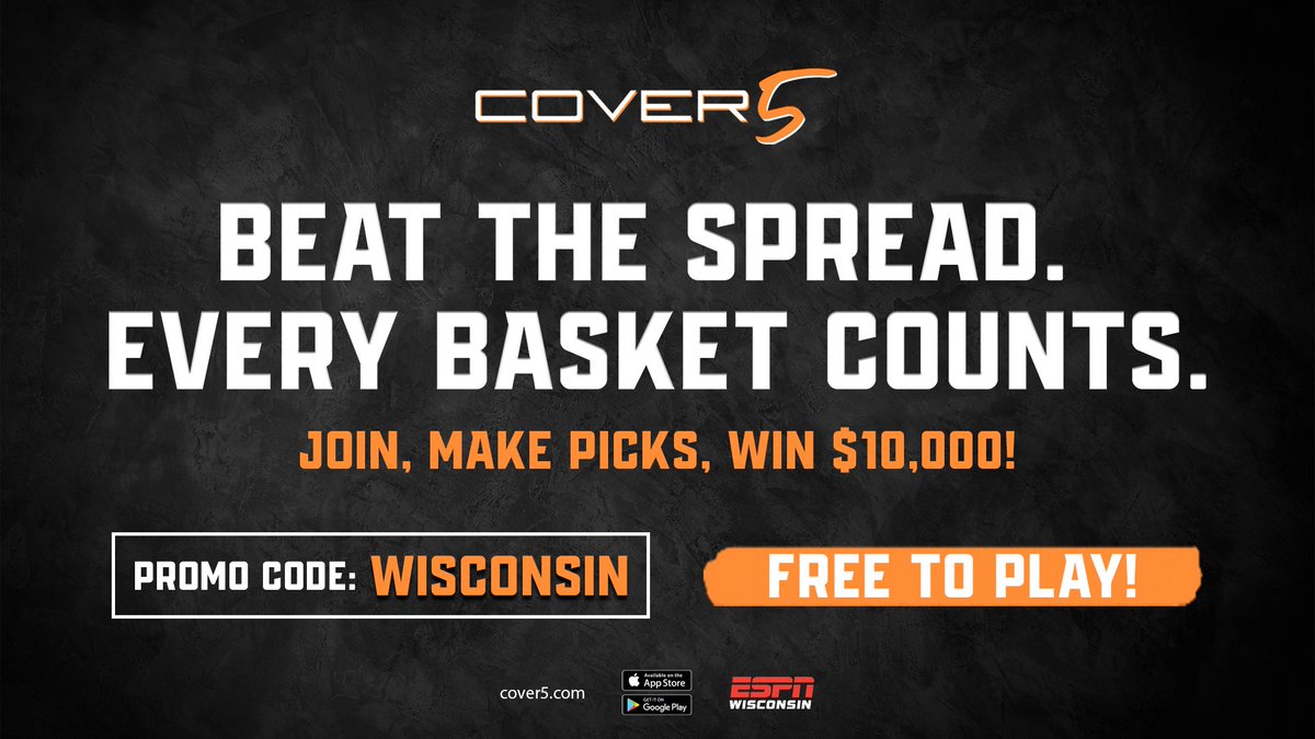 MollyJimESPN's tweet photo. A new and exciting way to enjoy hoops in March and win money!
Download the #Cover5 app and you can play for FREE and win $1,000 per day and $10,000 over the weekend!!!!
Promo code: WISCONSIN
@ESPNMilwaukee @ESPNMadison https://t.co/AJXYONxy7Y