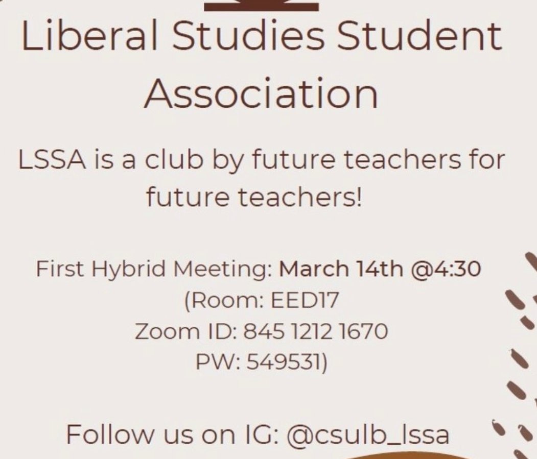 Good news everyone, LSSA is having their first meeting of the semester today at 4:30!  This is a great opportunity for folks to get to know new people around our department! check out @csulbliberalstudies page to get more info! #csulb #csulbcaminos #csulbced # caminos