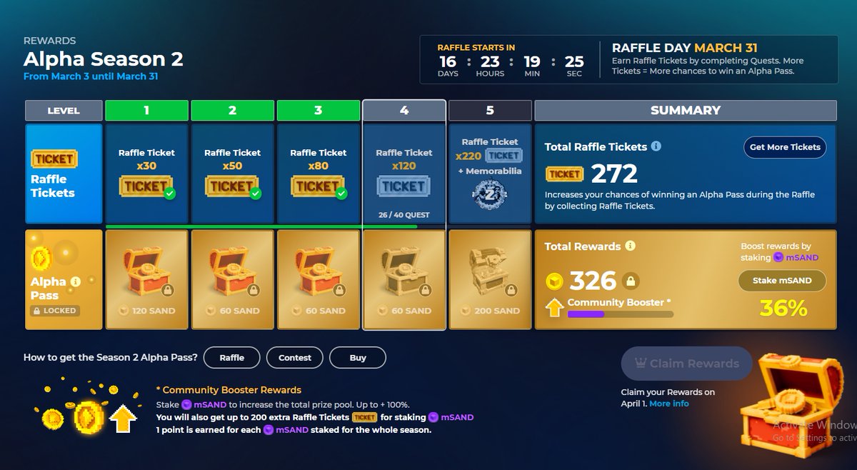 48thbookmark's tweet photo. @TheSandboxGame I just participated in the daily #SandboxAlphaS2Contest for a chance to earn up to 1,000 $SAND! Starting March 14 -  Show your Raffle Tickets. Check out my screenshot below! 👇 #SandboxAlphaS2 
@Mcallspace @AMITY2040 @_Lomo2 https://t.co/X7mP0R2JIe