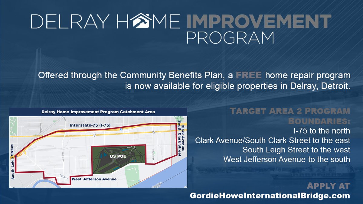 GordieHoweBrg's tweet photo. 🔨 The Delray Home Improvement program serves residents surrounding the #GordieHoweBridge in Delray, Detroit. The program boundaries have expanded to: I-75 to the N, Clark Ave/S Clark St to the E, South Leigh St to the W, and W Jefferson Ave to the S: https://t.co/n7cvCaPG6u https://t.co/gK9u2vDG8I