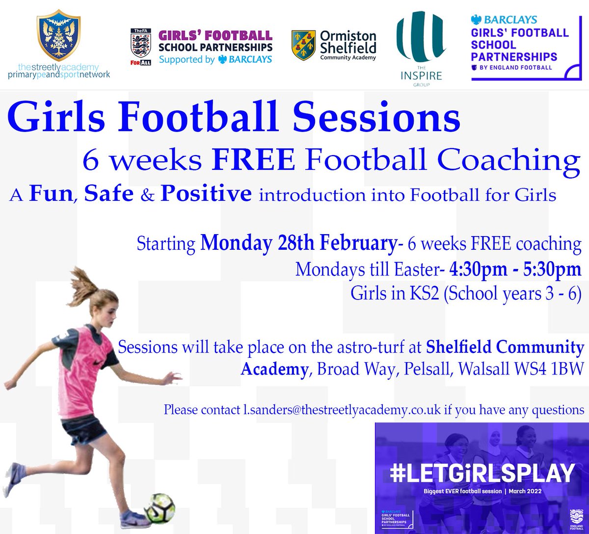 StreetlySGO's tweet photo. We still also have our FREE Girls football coaching session taking place @ShelfieldCA every Monday till Easter delivered by the fantastic @insgroup https://t.co/NBPPSmj2wh