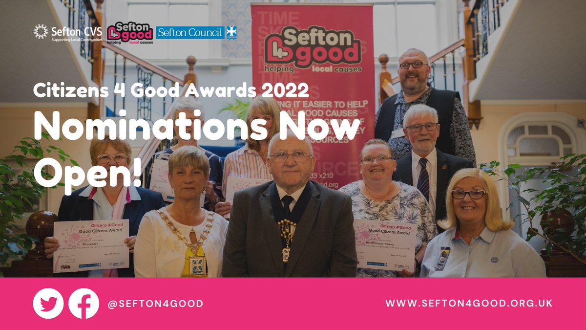 📢 Nominations are now open!

<a href="/Sefton4Good/">Sefton 4 Good</a>'s Citizens4Good Awards is back!

The awards recognise those people in Sefton who go that extra mile to help their local communities 💙

Anyone can nominate. For more information visit: bit.ly/3Iad1QG

#Citizens4Good #MySefton