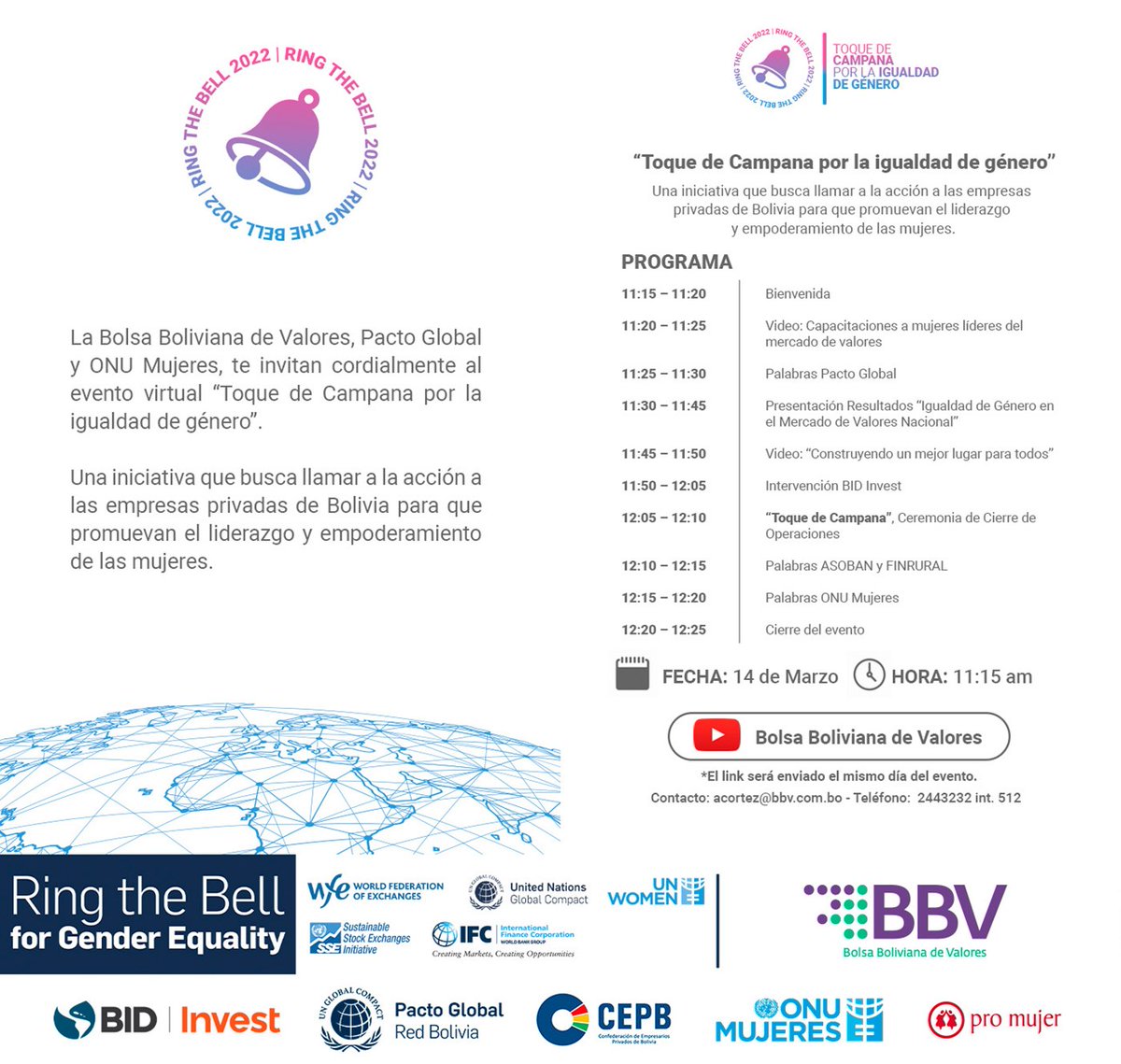 Hoy estamos participando con <a href="/AlexandreMRosa/">Alexandre M. Rosa</a> en el Toque de Campana por la #IgualdadDeGénero, en alianza con la <a href="/Bolsa_BBV/">Bolsa Boliviana de Valores BBV</a> y @ONUMujeresBol. BID Invest trabaja para hacer de la #EquidadUnaRealidad en todos los países de la región. 

#RingTheBellForGenderEquality #MesDeLaMujer