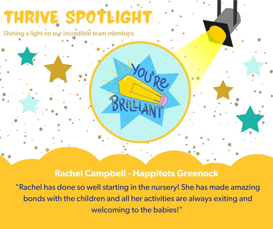 Lovely new Spotlight nomination for Rachel at Happitots Greenock! Congratulations, keep up the great work ⭐#thrivechildcare #happitotsnurseries