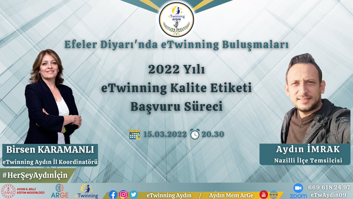 AydinMemArge's tweet photo. 📢 Efeler Diyarı'nda eTwinning Buluşmaları

🏆 2022 Yılı eTwinning Kalite Etiketi Başvuru Süreci 

🗓 15.03.2022 - 20.30

💻 Zoom bilgileri görselde yer almaktadır.

✅ Tüm öğretmenlerimizi bekliyoruz!

#HerŞeyAydınİçin🇹🇷🇪🇺 

@ValiAKSOY
@mfatihdoger
@seyfullah0966
@mehmetatay09 https://t.co/5teyRq8Fid