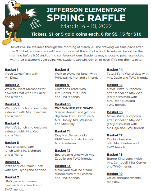EPSDJefferson's tweet photo. The Jefferson Spring Raffle has arrived! Tickets are available NOW! Some pretty cool prizes...check them out!
#OneJefferson
#EastPennPROUD https://t.co/8vPbLobMTs