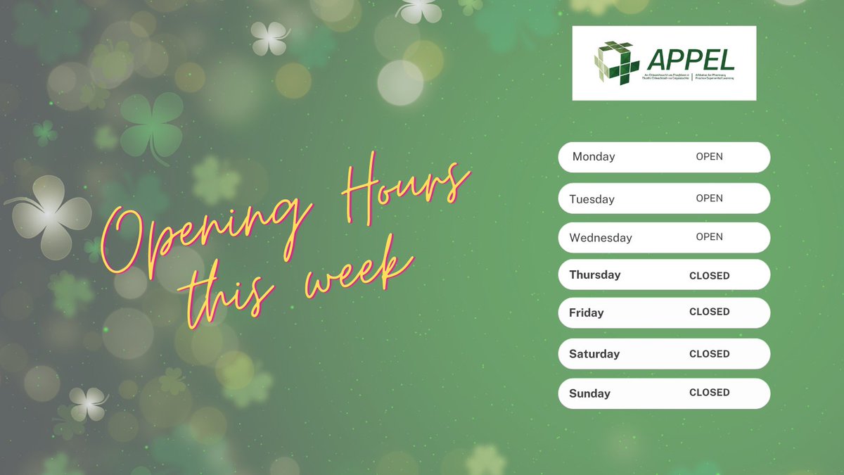 APPEL_Pharmacy's tweet photo. The APPEL office will be closed on Thursday and Friday this week. Please make sure to get in touch before then if you need assistance with anything! #longweekend #StPatricksDay #threedayweek https://t.co/3W1I9DBpPt