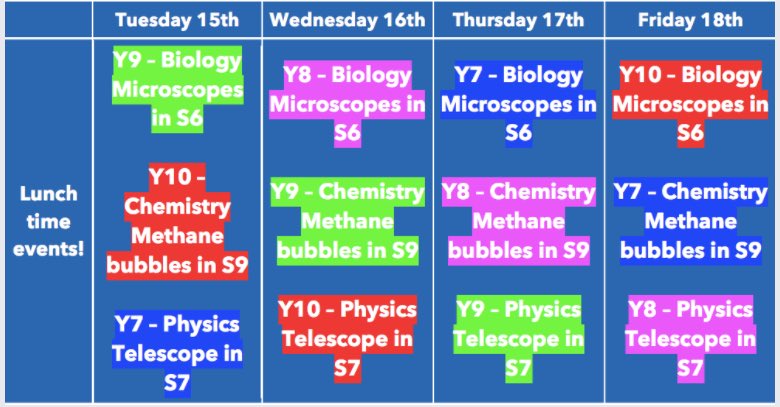 Looking forward to a jam-packed British Science Week - here are just some of the lunch time activities we are running! So excited to welcome the kids into the labs! #BritishScienceWeek2022 #TownleySTEM #scienceisfun