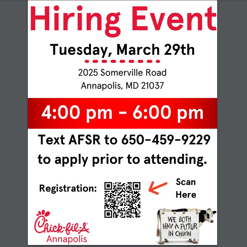 Did you know that Chick-Fil-A is a community partner with us? They are a service oriented company that cares. Share the word about their hiring event if you know someone looking for a job! Remember, you will always have off on Sundays.