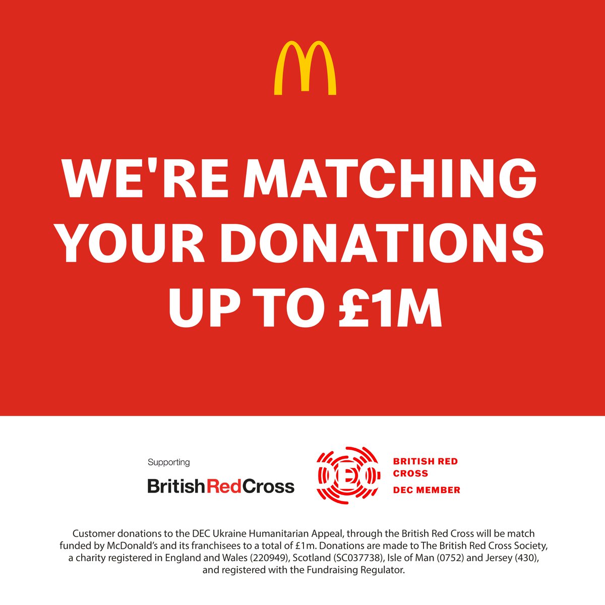 McDonaldsUK's tweet photo. Through the @BritishRedCross we are proud to be supporting the DEC Ukraine Humanitarian Appeal to raise vital funds for those affected by the crisis in Ukraine. 

Donate here and we’ll match up to £1 million of your donations: https://t.co/e101nSsW2a https://t.co/sYqzb3eJqF