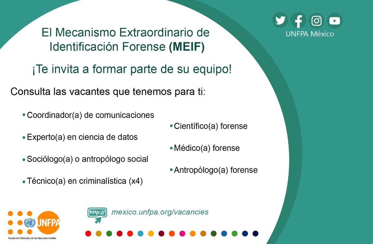 ¡Te invitamos a participar en las siguientes #vacantes para contribuir al Mecanismo Extraordinario de Identificación Forense!

💻Toda la información en: mexico.unfpa.org/vacancies
⏰Fechas límite para aplicar (indicadas en cada vacante): 👉27 de marzo y 3 de abril.