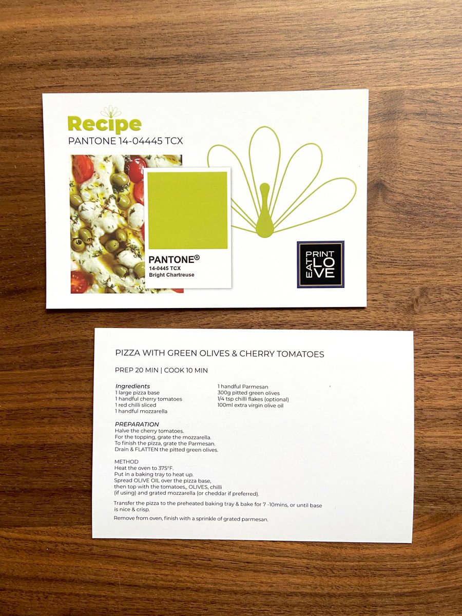 Delicious pizza #recipe for #spring inspired by <a href="/pantone/">PANTONE</a>'s "Bright Chartreuse" 🍕🍅🫒 Recipe cards by the #EatPrintLove team!