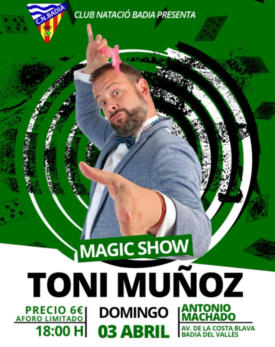 cnbadia's tweet photo. ‼️MAGIC SHOW. TONI MUÑOZ‼️

Desde  @cnbadia hemos  organizado un espectáculo de magia el próximo *03/04 a las 18h* .en el edificio Antonio Machado de Badia del Vallès

Humor y magia unidos en un mismo show de la mano del Mago Toni Muñoz

El precio será de *6 €.*

LINK
⏬⏬ https://t.co/VAXHdoPTEv