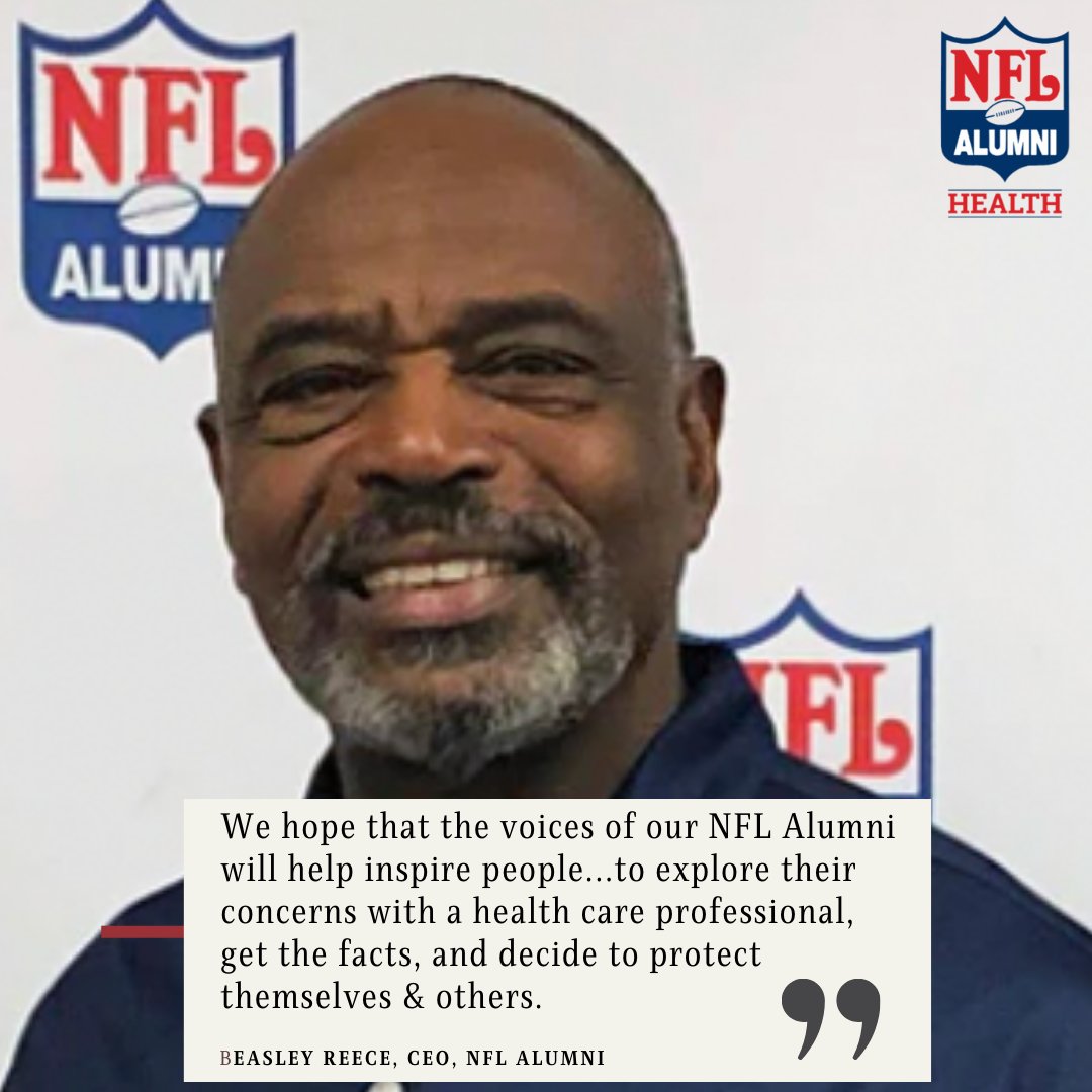 nflalumnihealth's tweet photo. #NFLAlumni CEO Beasley Reece on the #NFLAlumniHealth #community #vaccination education program: "We hope that the voices of our @NFLAlumni will help inspire people...to explore their concerns w a health care professional, #GetTheFacts &amp; decide to protect themselves &amp; others.” https://t.co/efvQtrIqK3
