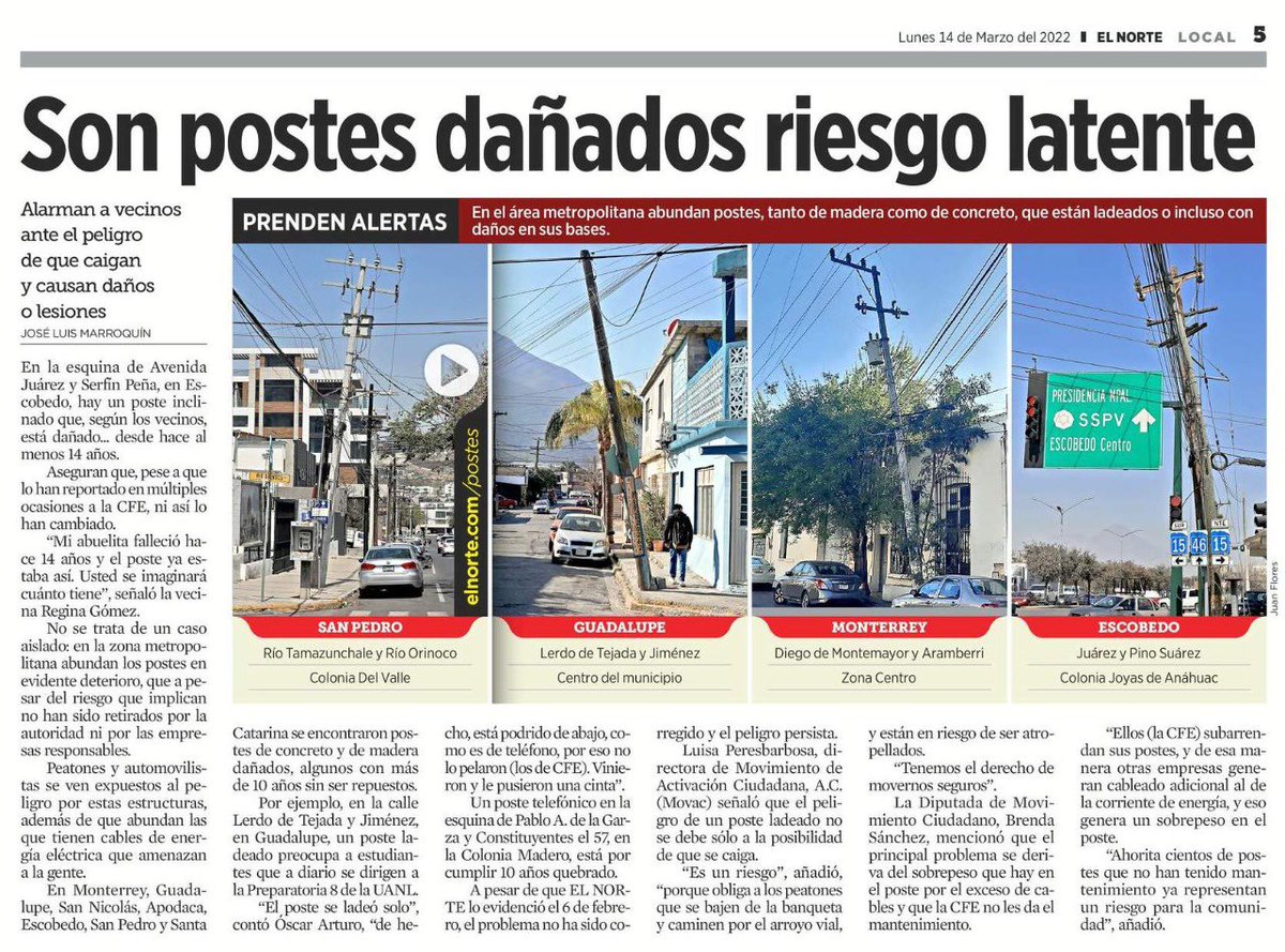 Los postes dañados obligan a las y los peatones a caminar por el arroyo vial, corrrieneo el riesgo de sufrir un atropellamiento. Urge atender este problema para prevenir posibles siniestros viales⚠️