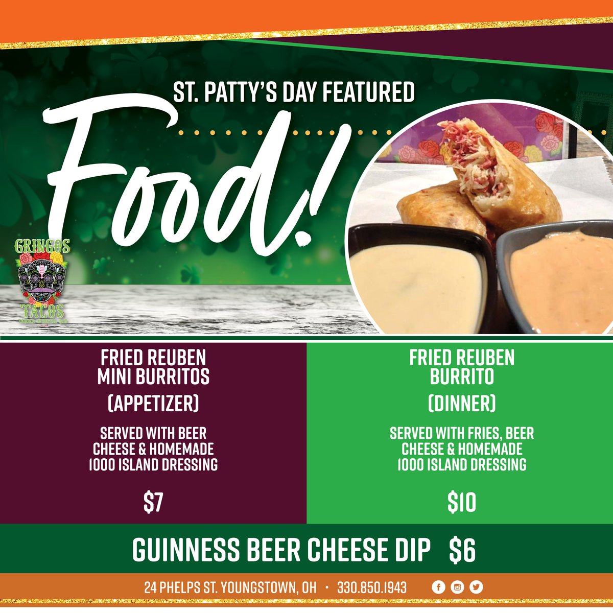 GringosYtown's tweet photo. Don't miss out on our St. Patty's Day featured food at Gringo's! Reuben Burritos and Kegs &amp; Eggs! 😋🤤 https://t.co/QviFLSqkbP
