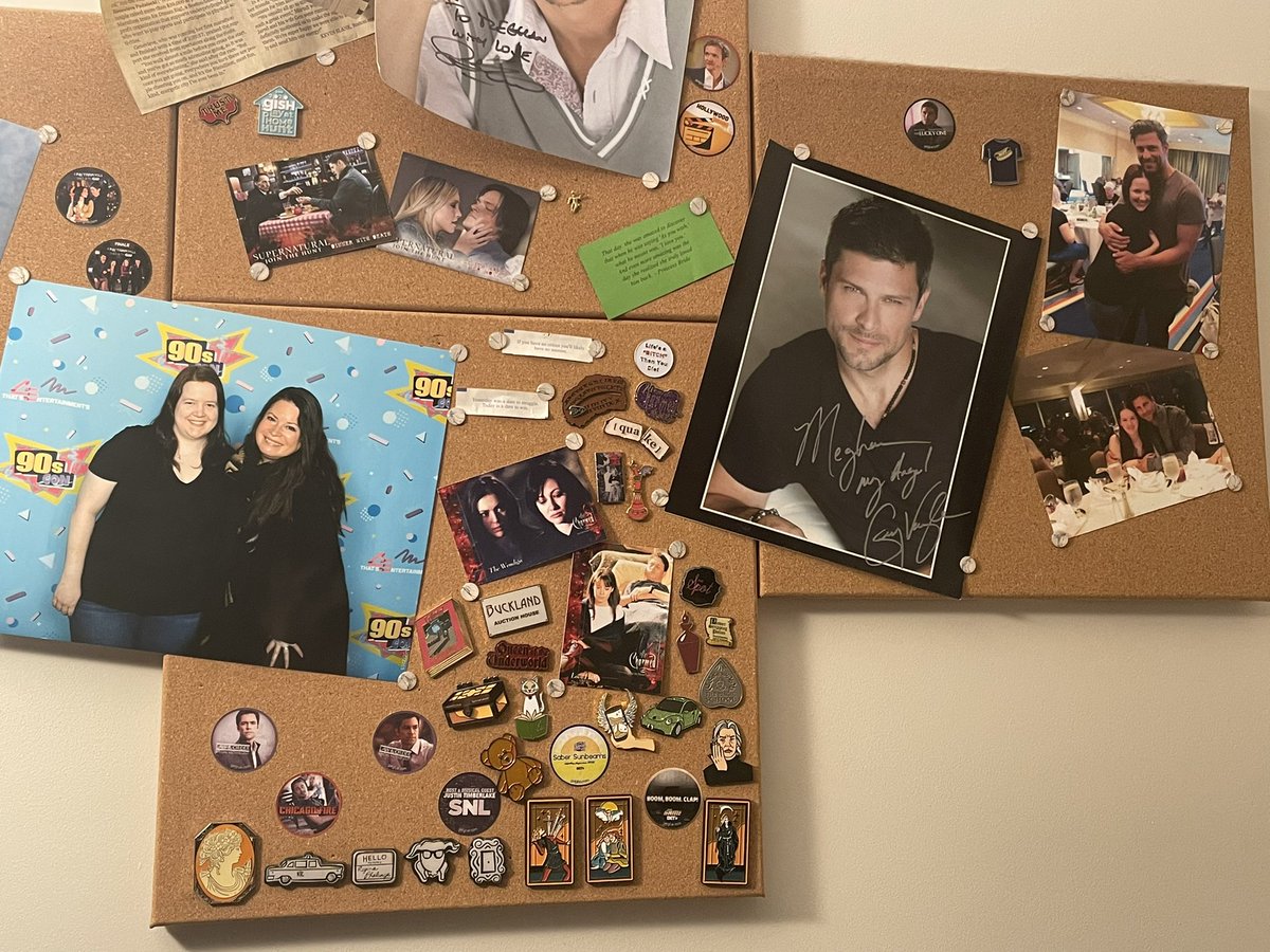 Meghanav3's tweet photo. I feel this was the missing piece to my collection. Also I think I need to expand my #Charmed collection. Maybe make a dedicated Charmed wall? I got my @greg_vaughan photo, my @H_Combs photo and my @theboxofshadows pins. I like it. https://t.co/KOV5xrHjPD