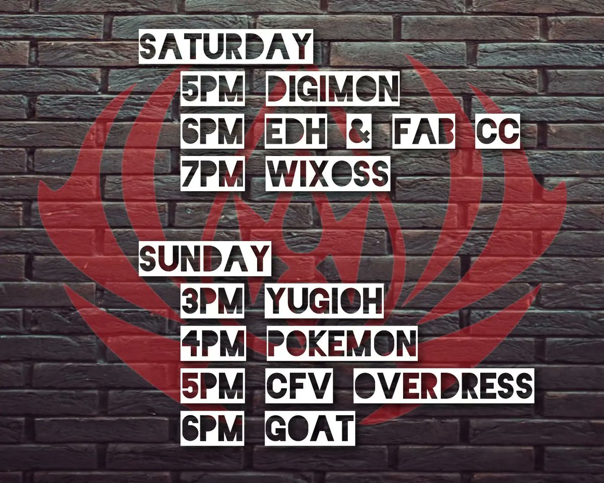 StormKingGaming's tweet photo. This week on SKG! 
SKG will be closed early this Friday. 
#tcgcommunity #tcgcollector #pkmntcg #yugiohtcg #mtg #digimontcg #wixosstcg #cfvoverdress #edh https://t.co/WSoAzJRBpY