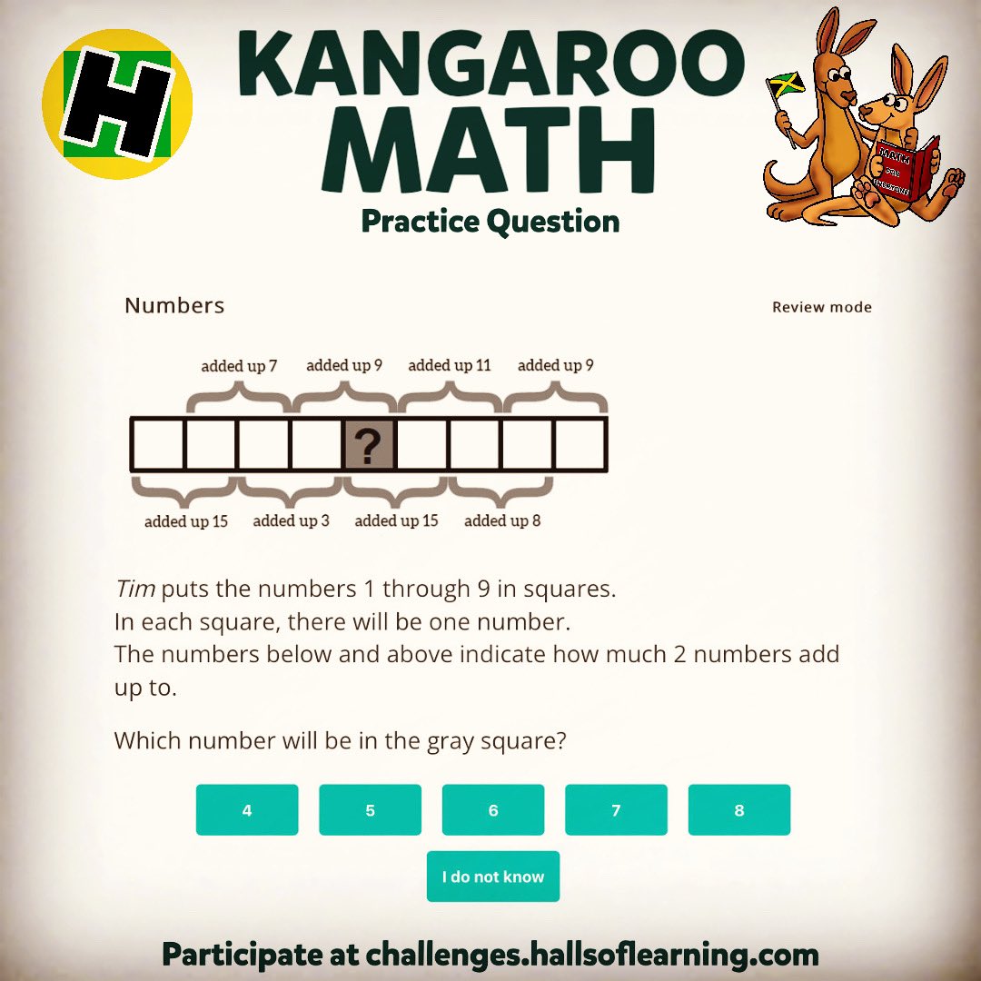 hallsoflearning's tweet photo. Can you Maths this out?
▫️
More practice at https://t.co/QnsjcBHjIQ
▫️
Join the Kangaroo Math Challenge, March 17-31, 2022
▫️
Participation is FREE for all students in Grades 1-13 courtesy of Musson Foundation.
▫️
#problemsolving #mathematics #mathematicalthinking #kangaroomath https://t.co/VtMXJfKLLQ