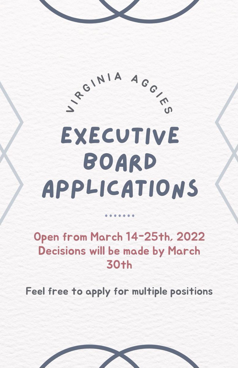 VirginiaAggies's tweet photo. Applications are officially open for executive board positions for the 2022-2023 school year. 

Available positions include President, Vice President, Secretary, Treasurer, Miss Virginia Aggies, Mister Virginia Aggies, Marketing and Promotions Coordinator, and Event Coordinator. https://t.co/jstYw2HfDB