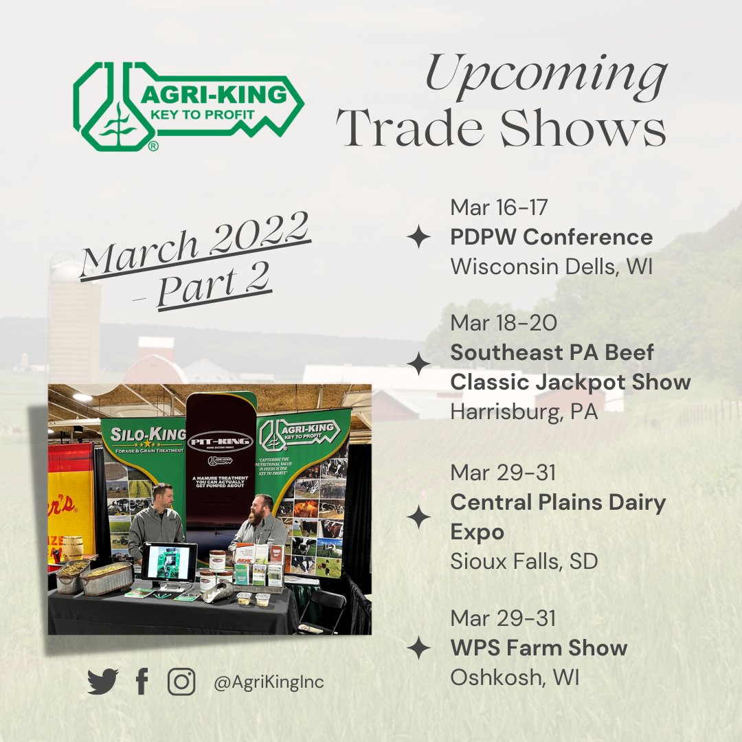 AgriKingInc's tweet image. As Spring draws near, our trade show season comes to an end. Don’t miss your chance to visit with our team this month at one of our upcoming shows. #TradeShowLife #SpringIsInTheAir #SpringIsNear

@dairypdpw @CPDairyExpo @WIPublicService