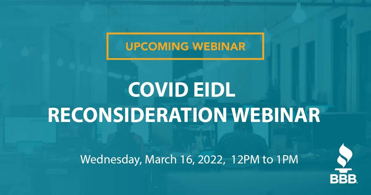 epbizstrong's tweet photo. In this @SBAgov presentation, you'll learn how to request reconsideration of your EIDL application or how to request for an increase of an existing loan.
Webinar will be from 12 p.m. to 1 p.m. on Wednesday, 3/16.
Visit https://t.co/gnArHIdW7r to register.
#EPBusinessStrong https://t.co/yPsZyj2Txs