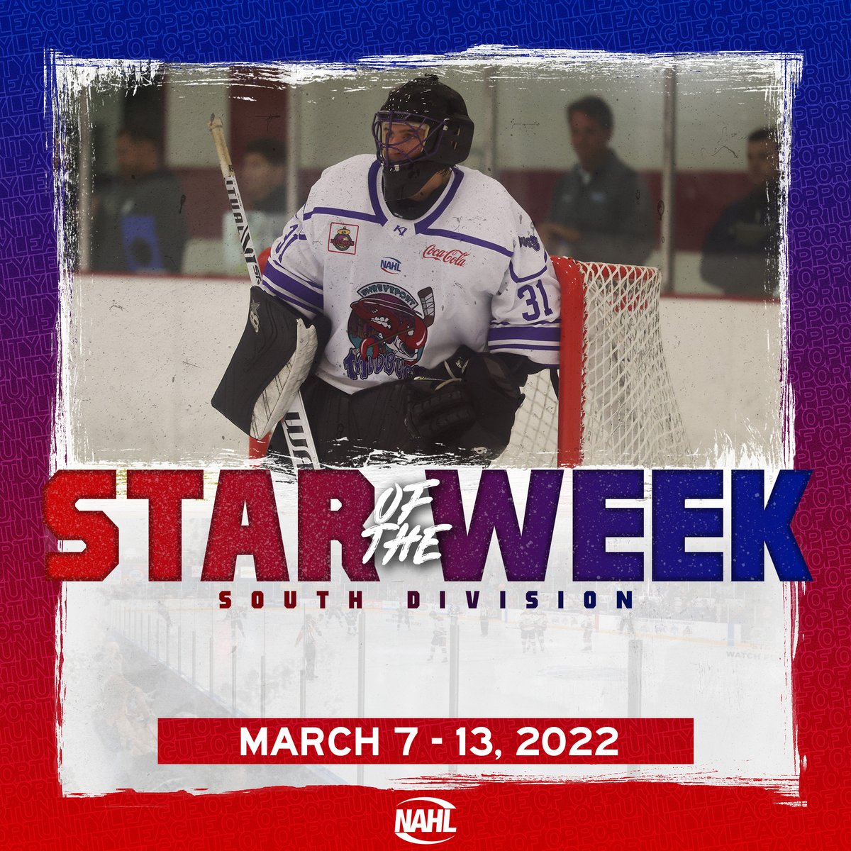NAHLHockey's tweet photo. #NAHL @BauerHockey South Division Star of the Week for March 7-13, 2022: Devon Bobak, Goaltender, @mudbugshockey https://t.co/BH3RHHLqj8 https://t.co/TBEfgpRXfS