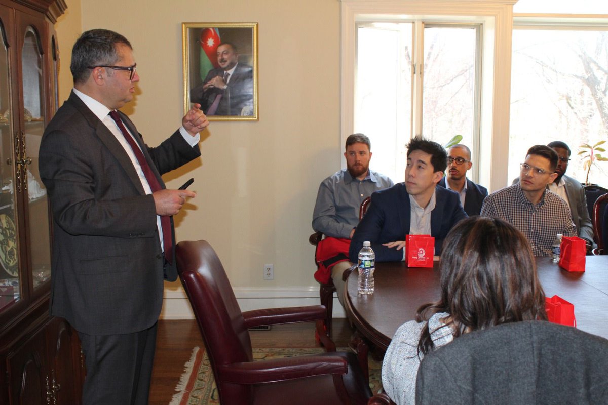 azembassyus's tweet photo. Very pleased to host bright students &amp; faculty from the Executive MBA in Aerospace and Defense @OUPriceCollege @UofOklahoma. Enjoyed interactive discussion on #Azerbaijan-#US bilateral relations,#Oklahoma partnership, as well as broader regional situation. https://t.co/lNrae50C19