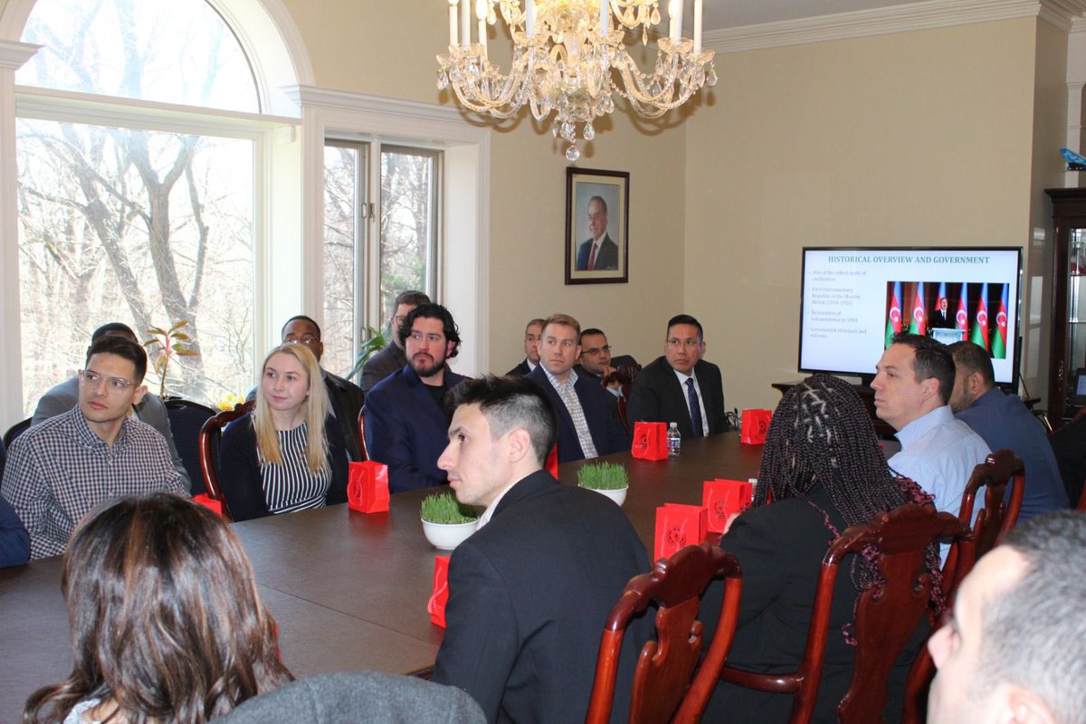 azembassyus's tweet photo. Very pleased to host bright students &amp; faculty from the Executive MBA in Aerospace and Defense @OUPriceCollege @UofOklahoma. Enjoyed interactive discussion on #Azerbaijan-#US bilateral relations,#Oklahoma partnership, as well as broader regional situation. https://t.co/lNrae50C19