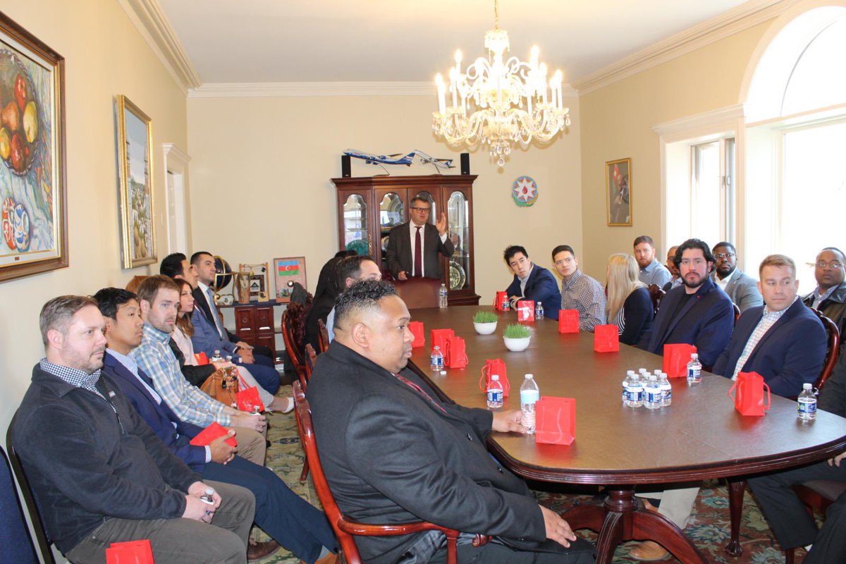 azembassyus's tweet photo. Very pleased to host bright students &amp; faculty from the Executive MBA in Aerospace and Defense @OUPriceCollege @UofOklahoma. Enjoyed interactive discussion on #Azerbaijan-#US bilateral relations,#Oklahoma partnership, as well as broader regional situation. https://t.co/lNrae50C19