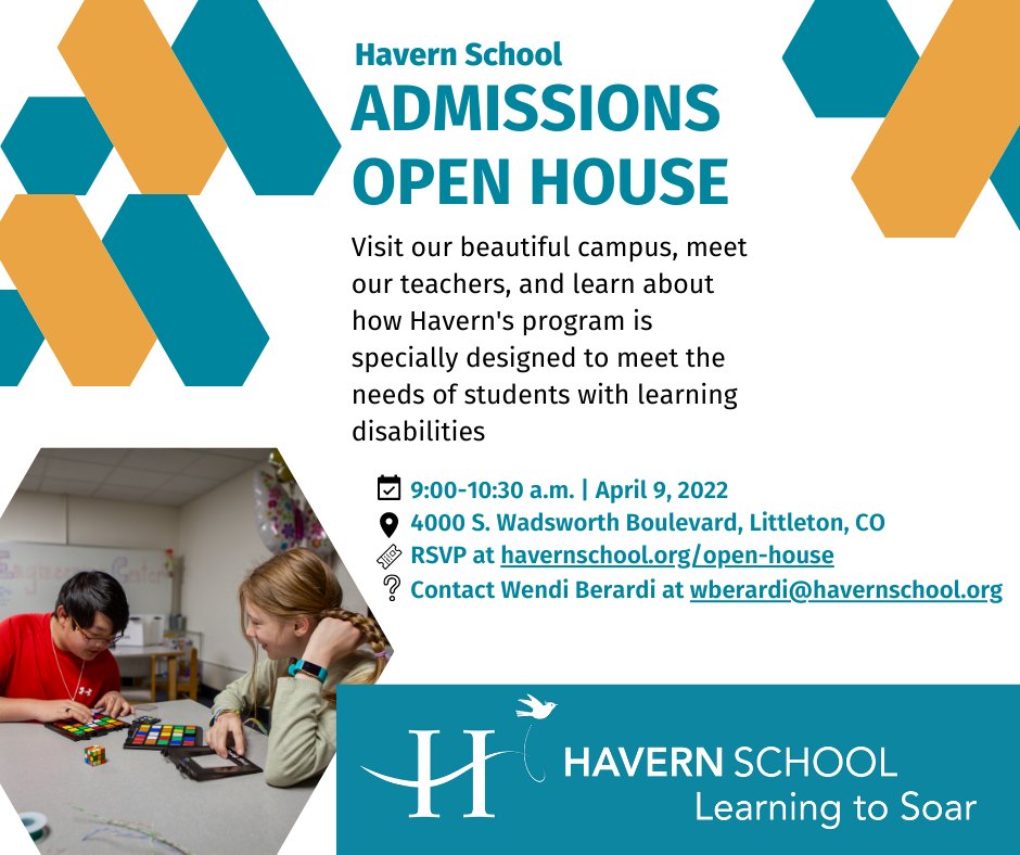 HavernSchool's tweet photo. Join us for our Admissions Open House on Saturday, April 9, from 9:00-10:30 a.m. Learn how Havern's customized program can benefit your child with learning disabilities. https://t.co/H47VziznuS