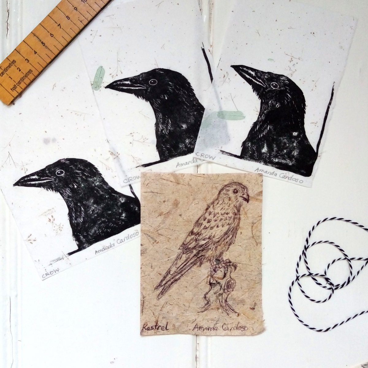 APrintmaker's tweet image. A recent order of Crows 👑 I added a biro sketch of a #kestrel to say thank you 🌞

#corvid #crows #crowsoftwitter #linocut #birdartist #sussexartist #britishwildlife #natureinspired #birdsketch #packingorders