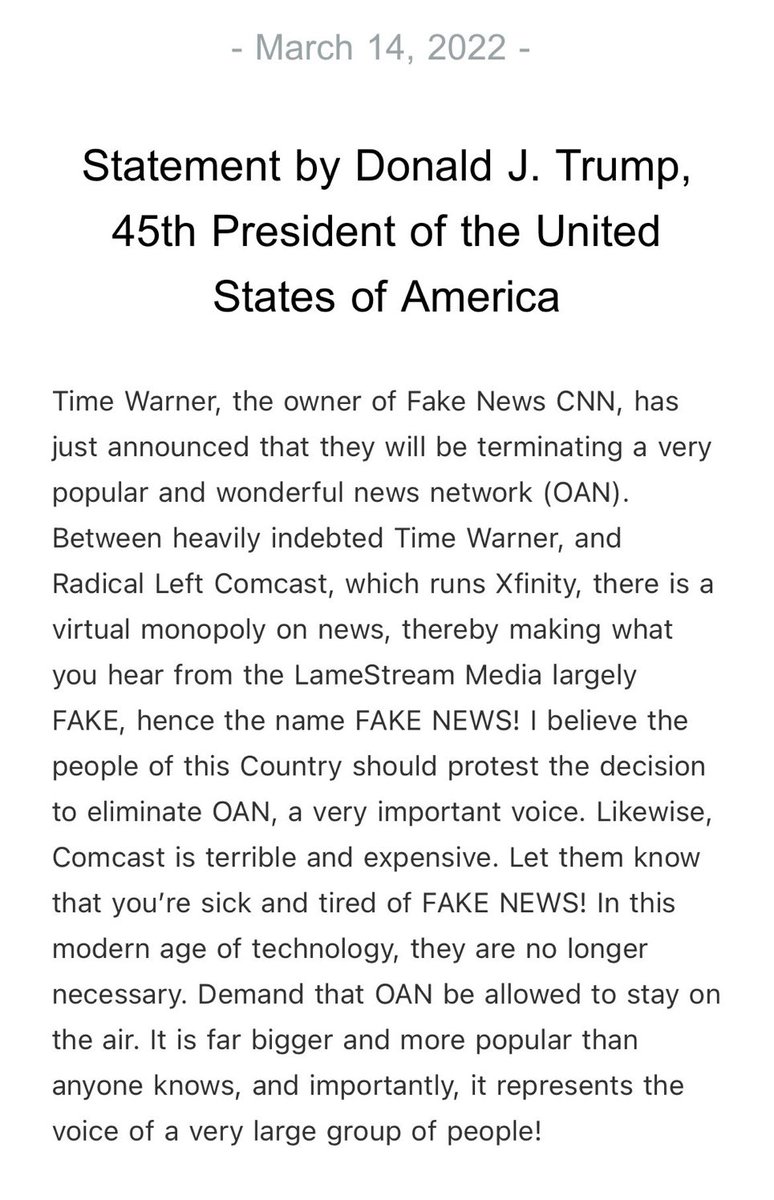 Killing OAN is one more example of Fake News CNN (AT&amp;T owned) attempting to slap a muzzle on the truth.  Demand OAN stay on the air and ditch AT&amp;T for Patriot Mobile, who DEFENDS the truth. patriotmobile.com