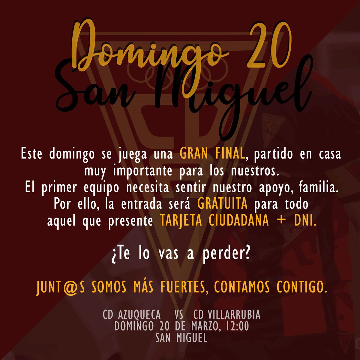 CDAzuqueca's tweet photo. ❤️🖤CONTAMOS CONTIGO🖤❤️

Domingo 20 de marzo.
San Miguel.
12:00h.

Entrada gratuita presentando tarjeta ciudadana + DNI. https://t.co/LmrfmFw833
