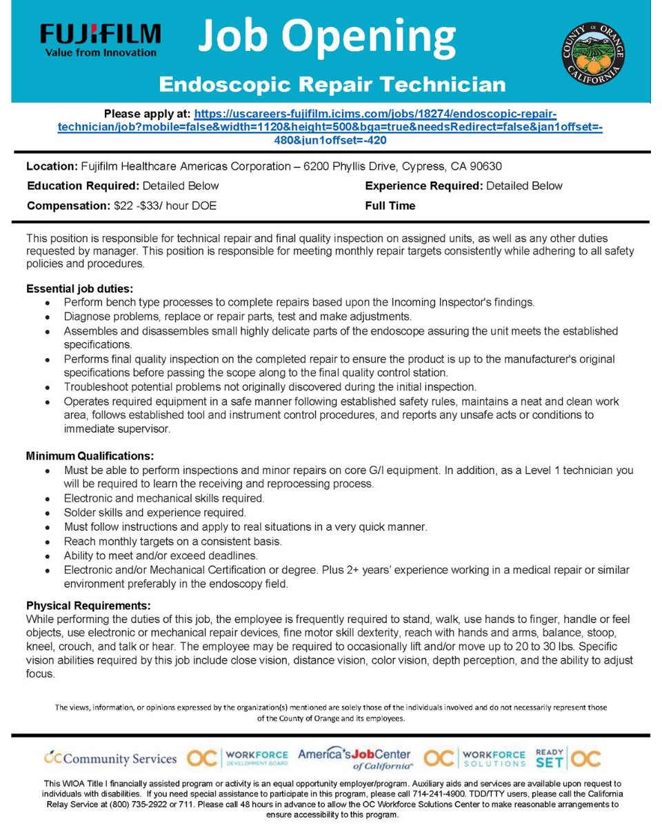 oc_workforce's tweet photo. #JobOpening: @FujifilmHealth

For questions or more information:
💻 Visit https://t.co/XN55NMqTC7
📞 Call the OC Economic and Business Recovery Call Center at 714-480-6500

#OCWorksTogether #OrangeCounty #Employment #JobSeekers https://t.co/sVIHtgxiDv