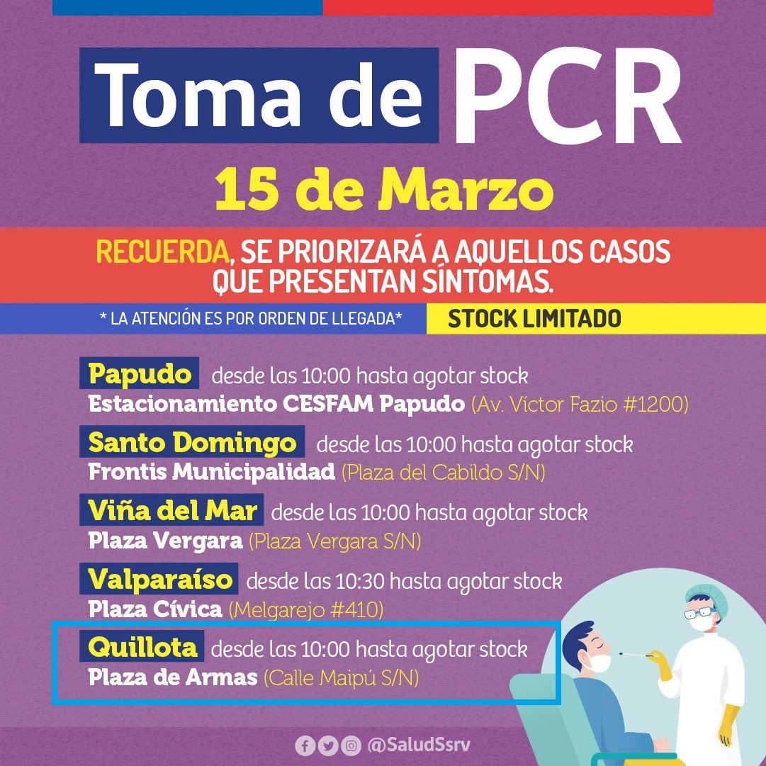saludquillota's tweet photo. 💢SaludQuillota Informa

🔵Compartimos información de Seremi de Salud Valparaíso @SaludSsrv 

✅Toma de #PCR en #Quillota Martes 15 de marzo 

☑Plaza de Armas

🕕Desde las 10:00 horas hasta agotar stock

⛔Se priorizará a aquellos casos que presentan síntomas https://t.co/f9Ixnr4TAk