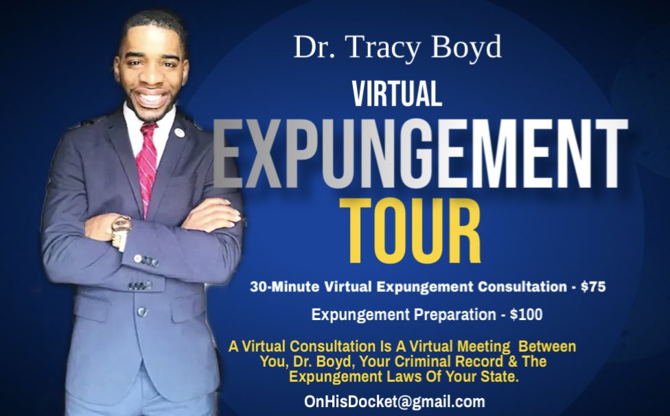DeanTracyBoyd's tweet photo. My virtual Expungement Tour is designed for those seeking assistance with the erasure and sealing of their criminal record. Reach out to me and schedule your consultation today. #EachOneTeachOne #DrESQ #LearningTodayToDefendTomorrow https://t.co/4iG5p74TVe