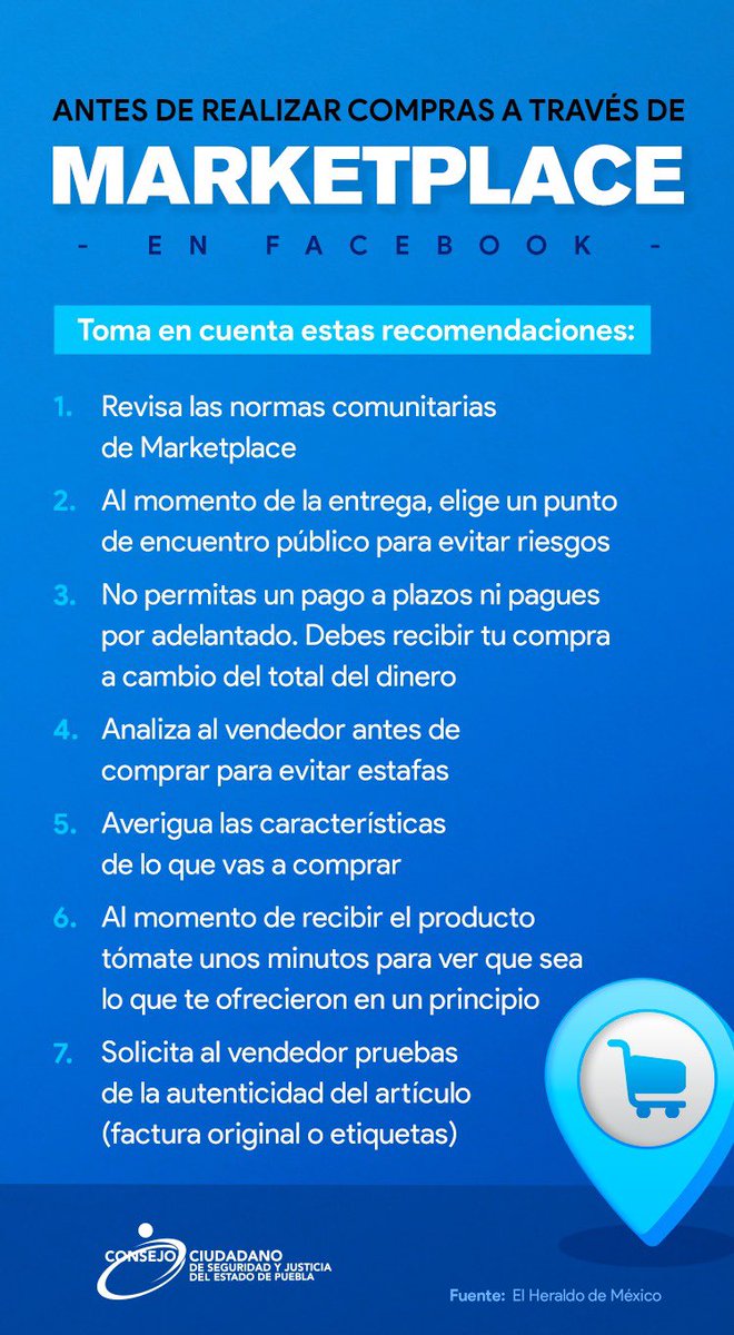 CCSJPuebla's tweet photo. 🛍📲Ante el posible aumento de estafas al realizar compras en marketplace de Facebook, te compartimos algunas recomendaciones 👇🏽 que te ayudarían a prevenirlas. https://t.co/6vbF5QCCiP