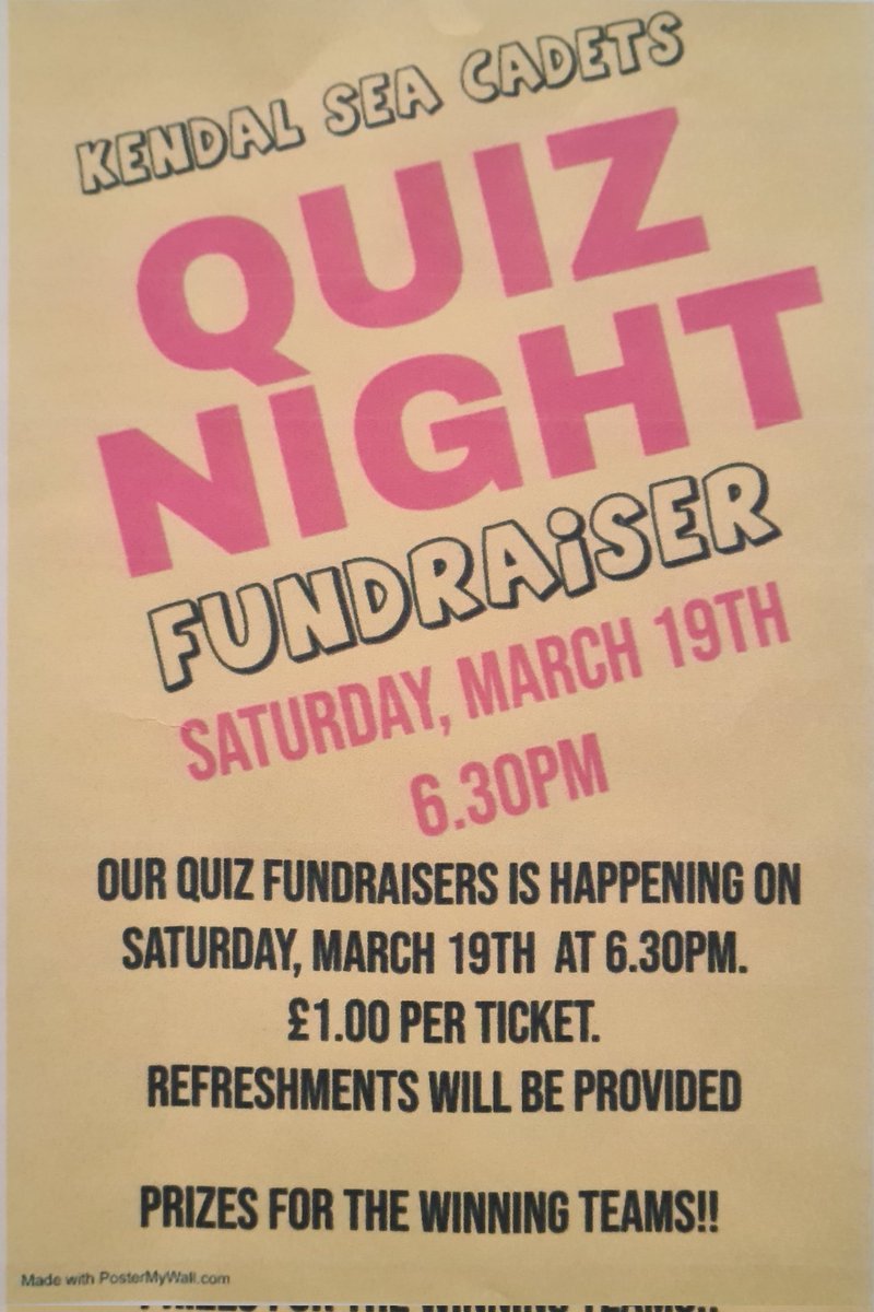 Quiz night, this Sat at Kendal Sea Cadet Unit, all welcome 🙂
#quiznight #kendalRoyalist #fundraiser
