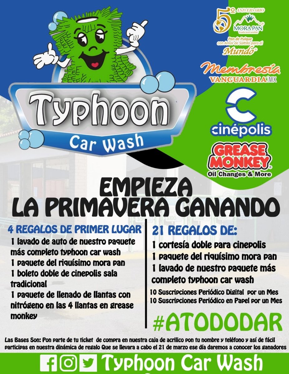 Ven a typhoon y solo por comprar cualquier paquete participaras en nuestra dinámica donde podrás ganar #regalos de <a href="/GreaseMonkeyNo1/">Grease Monkey 1</a> <a href="/MembresiaVAN/">Membresía Vanguardia</a> 
<a href="/MORAPANSALTILLO/">MORA PAN</a> <a href="/Cinepolis/">Cinépolis</a> <a href="/typhooncarwash/">typhoon Car wash</a> 
 muy fácil EMPEZANDO LA PRIMAVERA GANANDO #ATODODAR 🥖🥐🫓 🚙🚘🛻🎫🎟 📰
#Saltillo