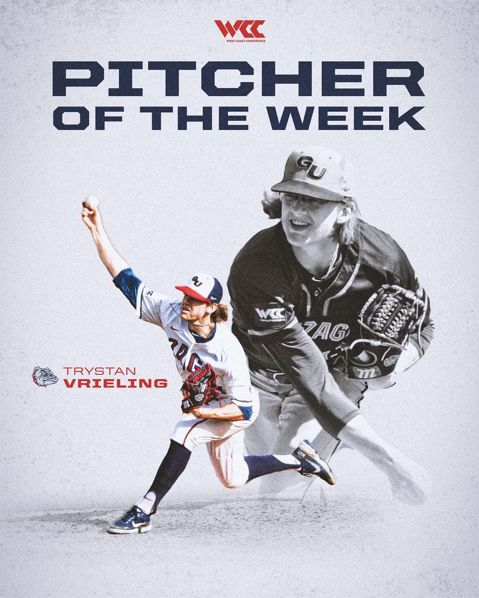 Gonzaga Baseball (@zagbaseball) on Twitter photo After a week with 22 K's in 13 frames on the mound, <a href="/VrielingTrystan/">Trystan Vrieling</a> is the second Zag to earn <a href="/WCCsports/">West Coast Conference</a> Pitcher of the Week honors in as many weeks.
🔗: bit.ly/3MTHHJI
#GDTBAZ After a week with 22 K's in 13 frames on the mound, <a href="/VrielingTrystan/">Trystan Vrieling</a> is the second Zag to earn <a href="/WCCsports/">West Coast Conference</a> Pitcher of the Week honors in as many weeks.
🔗: bit.ly/3MTHHJI
#GDTBAZ
