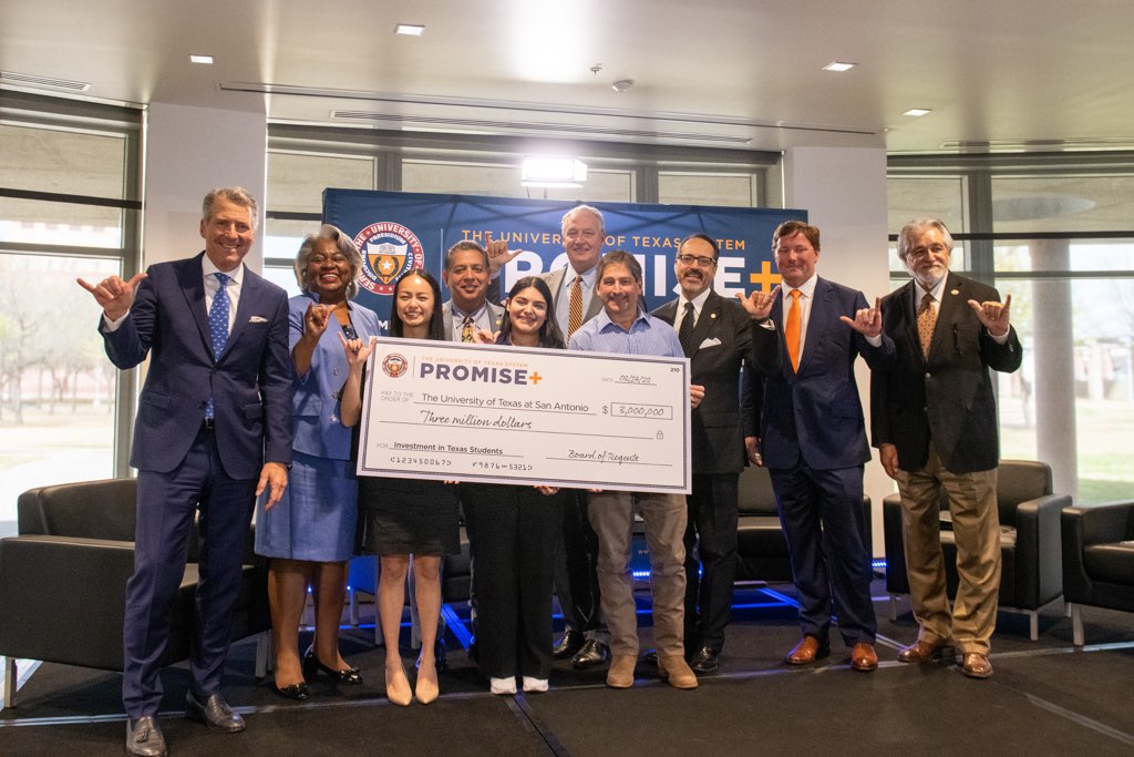 PresidentEighmy's tweet photo. Today we celebrated the announcement @utsystem's #PromisePlus, which greatly expands tuition assistance programs through the System, including at @UTSA. We are so appreciative of this transformational support! #BoldPromise #UTSA #Roadrunners https://t.co/UoFjWLjctV