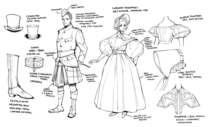 Still waiting to post more finished work but in the meantime I've been doing sketches for a fashion history class! :DD 
