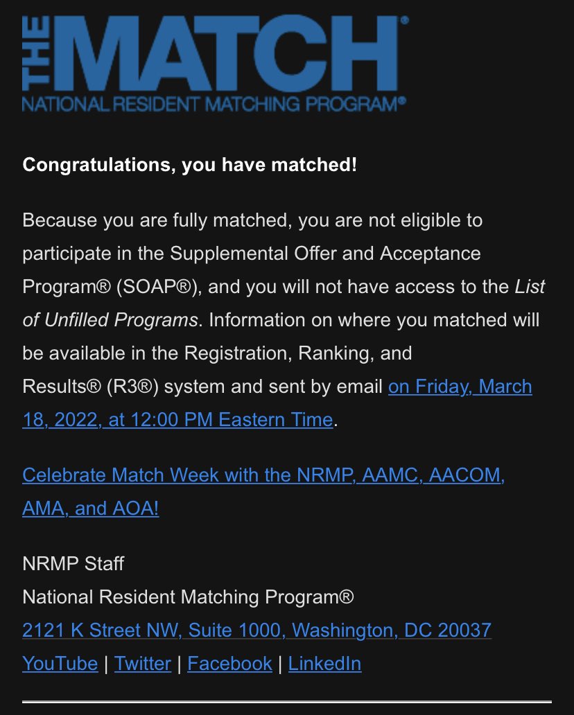 I’m going to be an Orthopaedic Surgeon! I can’t thank my family, friends, and mentors enough. Looking forward to finding out which team I’ll be joining on Friday ❤️