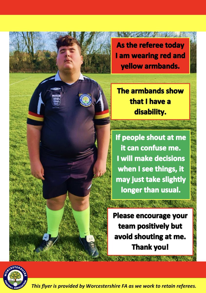 WFAHFARefs's tweet photo. 🗣 | FEEDBACK

We’ve been listening to Lewis, one of our Under 18 referees who has a disability.

Lewis came up with the idea of wearing 2 armbands and giving out these flyers to help him and others referee in a better environment.

Look out for Lewis on a pitch near you! 🔴🟡 https://t.co/VIH329x29o