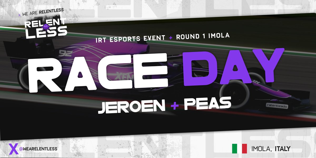 WeARelentless's tweet photo. RACE DAY | @Team_IRT EVENT

A brand new event starts today and representing us around Imola will be

🇳🇱 @Jeroen_Visser_ 
🇬🇧 @TotalPeas 

The boys will also be debuting a brand new livery for the team tonight 🔥 https://t.co/LwfaotzDy2