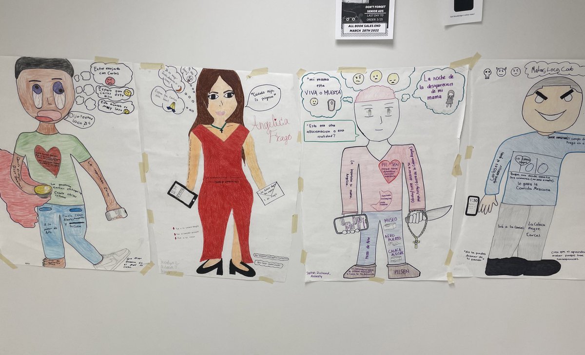 I forgot to post these fantastic character autopsies Adv Spanish IV made after reading Calaca Alegre by <a href="/senoraCMT/">Carrie Toth (Tō-th), NBCT</a> - lots of variety in their portrayals of Carlos &amp; family. The best part is watching other students read/discuss them between classes! @WoodbridgeHS @PWCSWorldLang