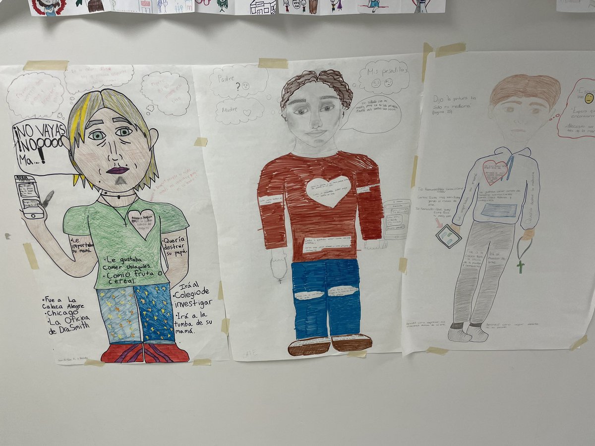 SenoraHaston's tweet photo. I forgot to post these fantastic character autopsies Adv Spanish IV made after reading Calaca Alegre by @senoraCMT - lots of variety in their portrayals of Carlos &amp; family. The best part is watching other students read/discuss them between classes! @WoodbridgeHS @PWCSWorldLang https://t.co/sc5Qh3yO6J