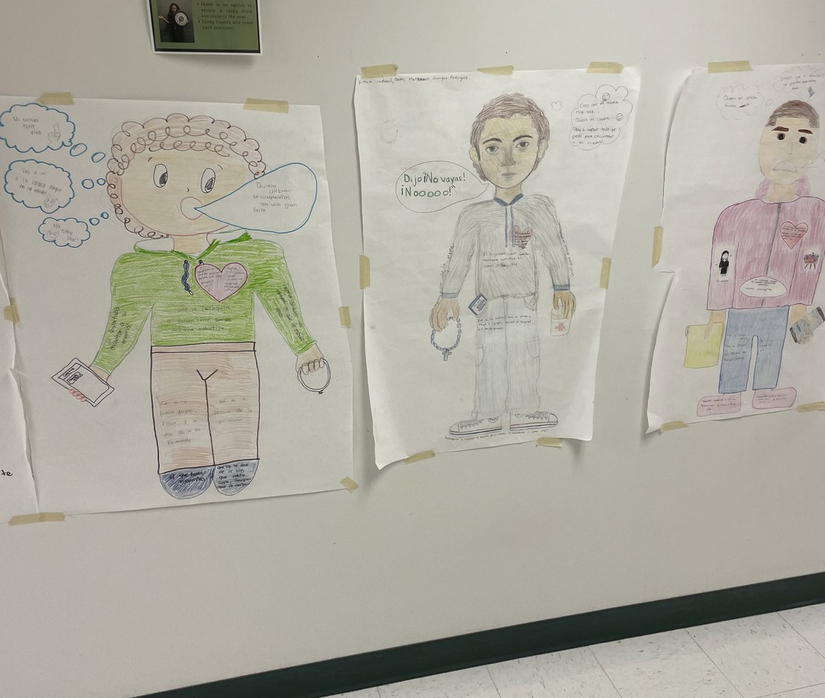 SenoraHaston's tweet photo. I forgot to post these fantastic character autopsies Adv Spanish IV made after reading Calaca Alegre by @senoraCMT - lots of variety in their portrayals of Carlos &amp; family. The best part is watching other students read/discuss them between classes! @WoodbridgeHS @PWCSWorldLang https://t.co/sc5Qh3yO6J