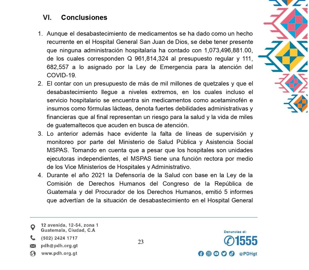 PDHgt's tweet photo. #ConclusionesPDH de monitoreo realizado al abastecimiento de medicamentos, material médico quirúrgico, insumos de laboratorio y otros  en el @HospigenGT 
https://t.co/KViBxKbhvR https://t.co/eKU2JxO6Fo